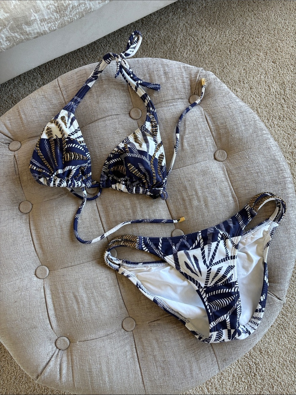 VIX PAULA HERMANNY Navy & White Leaf-Print Triangle Bikini Set